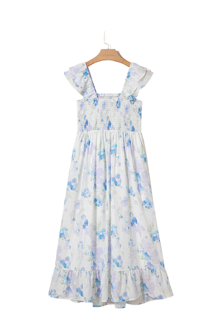Blue Floral Smocked High Waist Ruffle Sleeveless Midi Dress