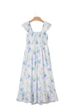 Blue Floral Smocked High Waist Ruffle Sleeveless Midi Dress