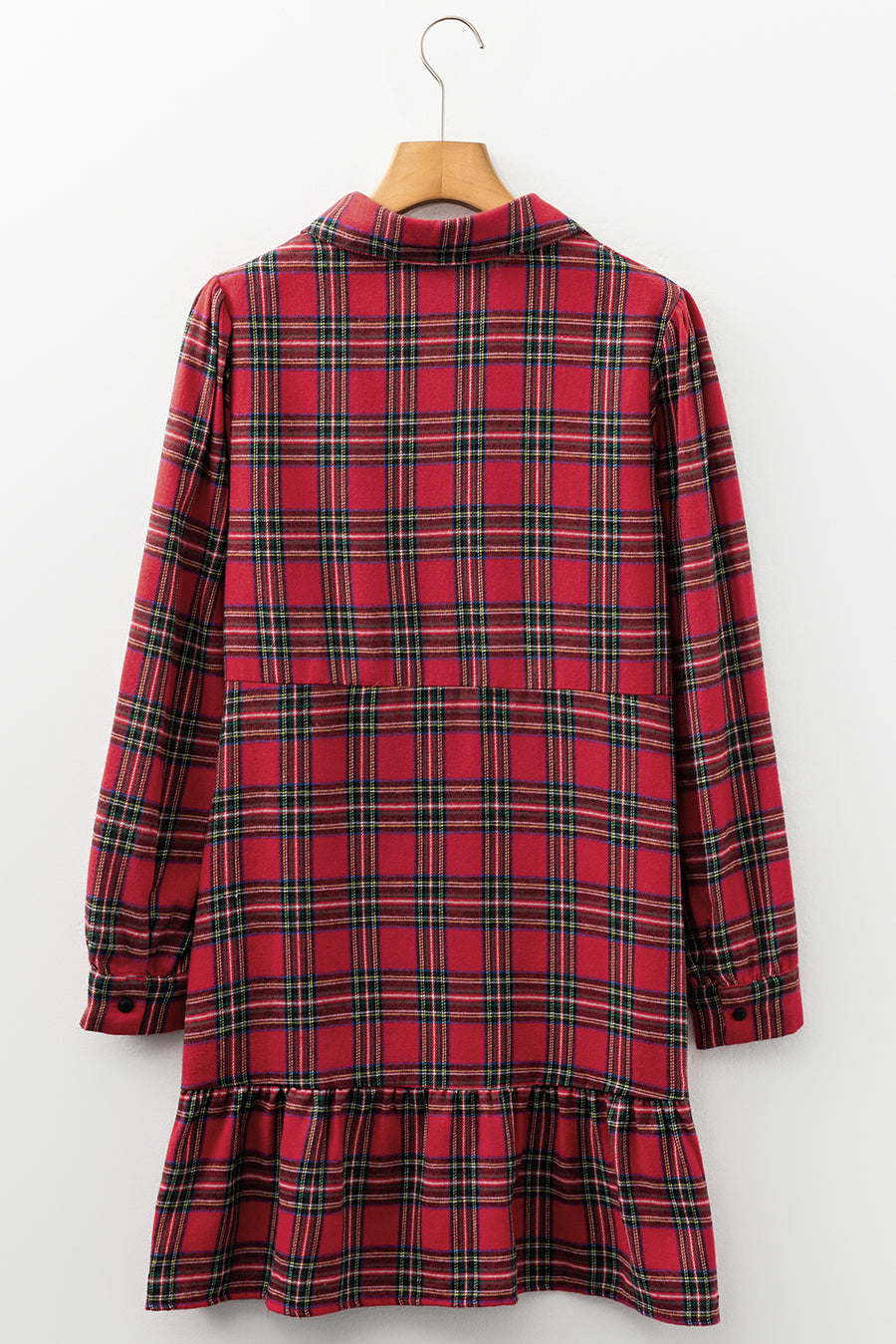 Red Plaid Shirt Collared Quarter Button-Up Ruffled Hem Long Sleeve Mini Dress