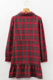 Red Plaid Shirt Collared Quarter Button-Up Ruffled Hem Long Sleeve Mini Dress