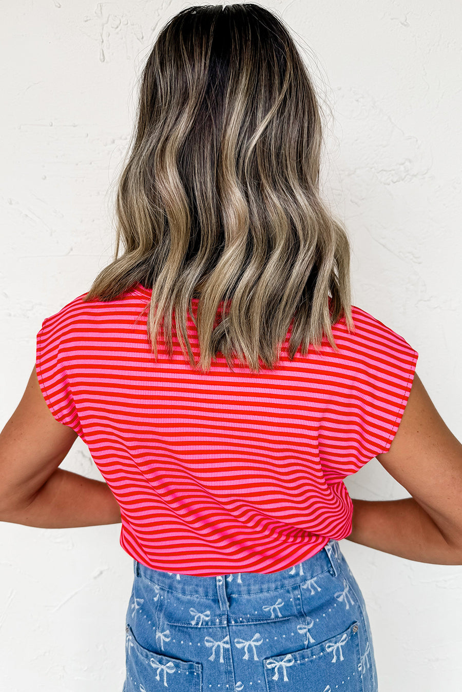 Striped Ribbed Cap Sleeve Crew Neck T-Shirt- 2 Colors