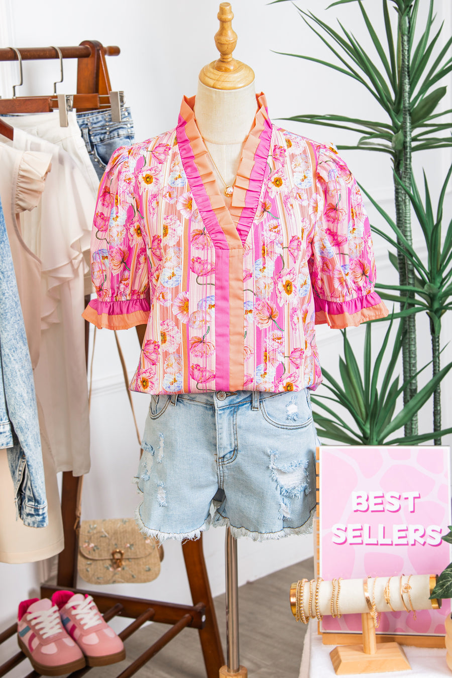 Pink Poppy Floral Striped Color Block Trim V-Neck Ruffled Short Sleeve Blouse