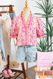 Pink Poppy Floral Striped Color Block Trim V-Neck Ruffled Short Sleeve Blouse