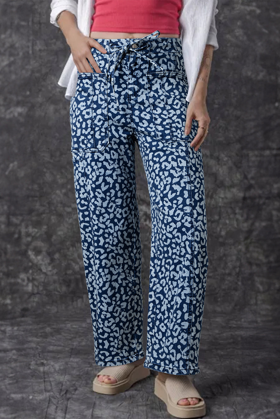 Leopard Print Drawstring Barrel Leg Jeans with Pockets- 2 Colors