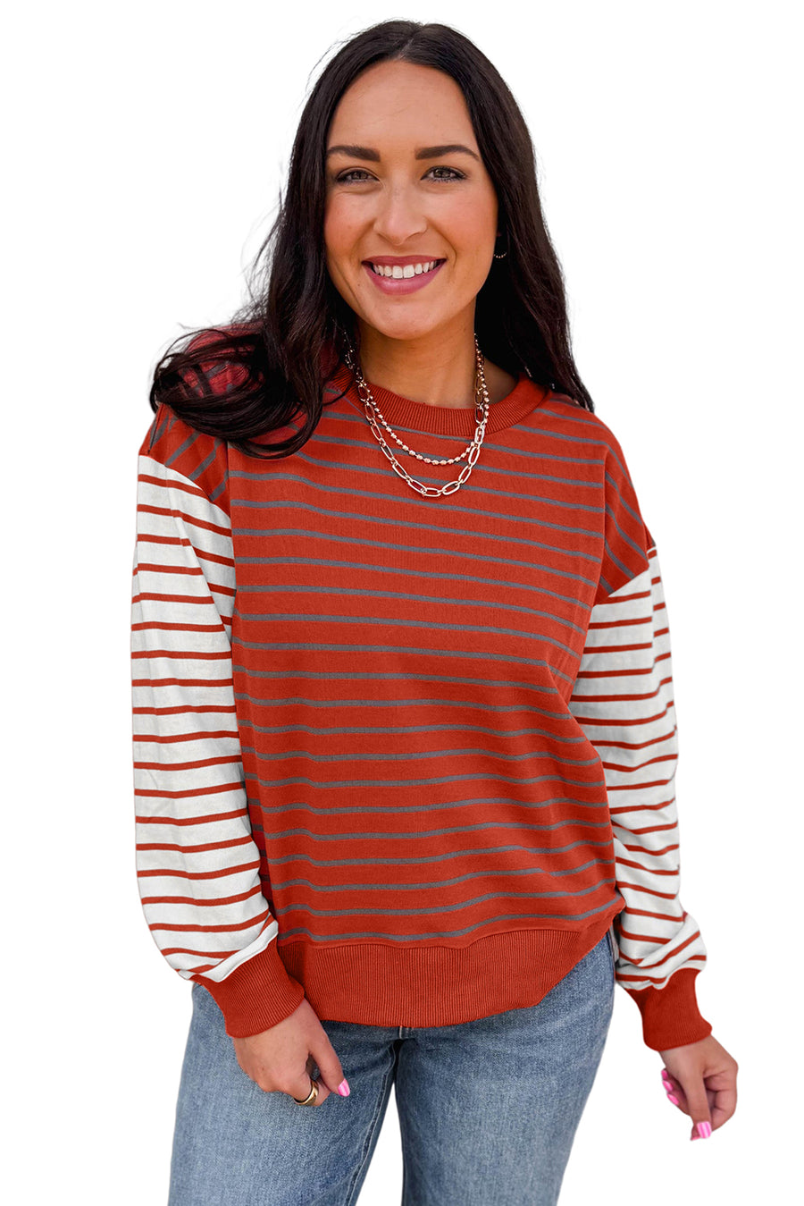 Rust Striped Contrast Sleeve Drop Shoulder Long Sleeve Sweatshirt