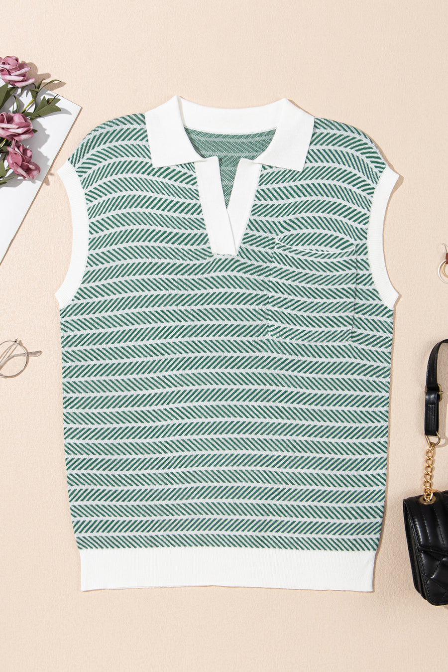 Striped Contrast Trim Sleeveless Collared Sweater- 3 Colors
