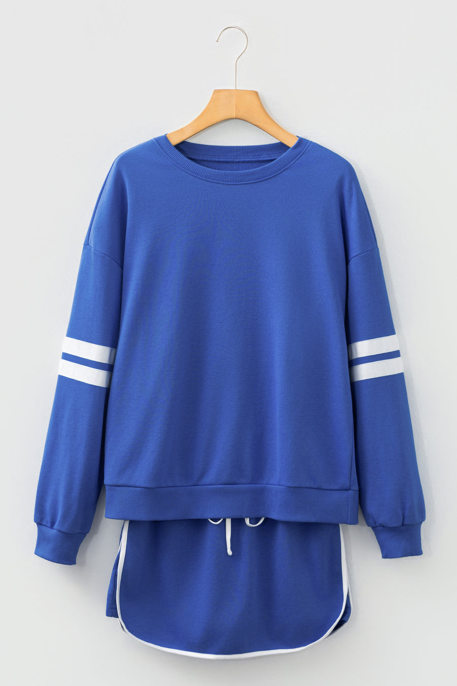 Varsity Striped Drop Shoulder Pullover Sweatshirt & Mini Skort Set- 6 Colors