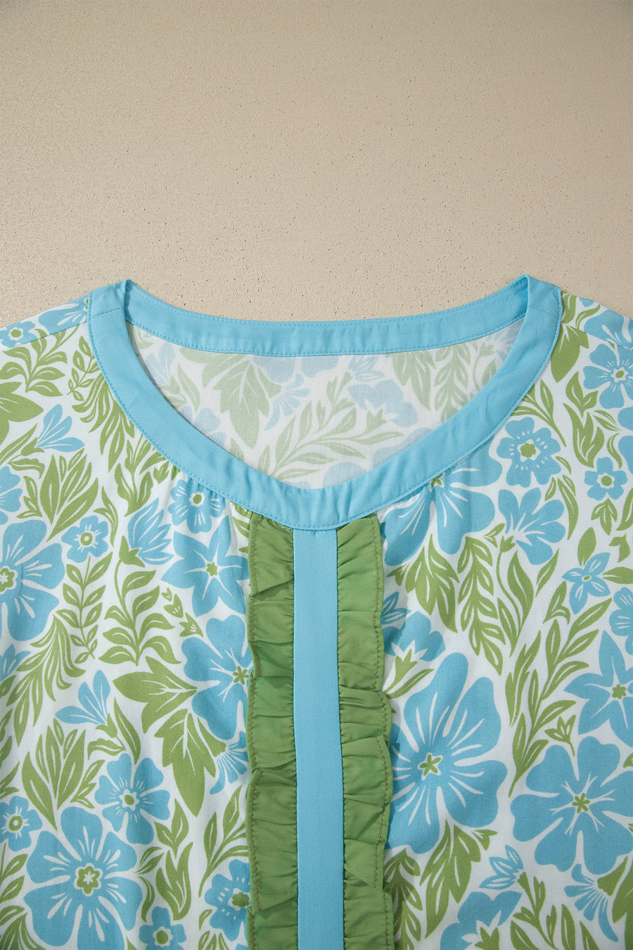 Rose Floral Print Ruffled Color Block Trim Half Sleeve Blouse