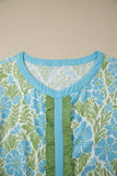 Rose Floral Print Ruffled Color Block Trim Half Sleeve Blouse