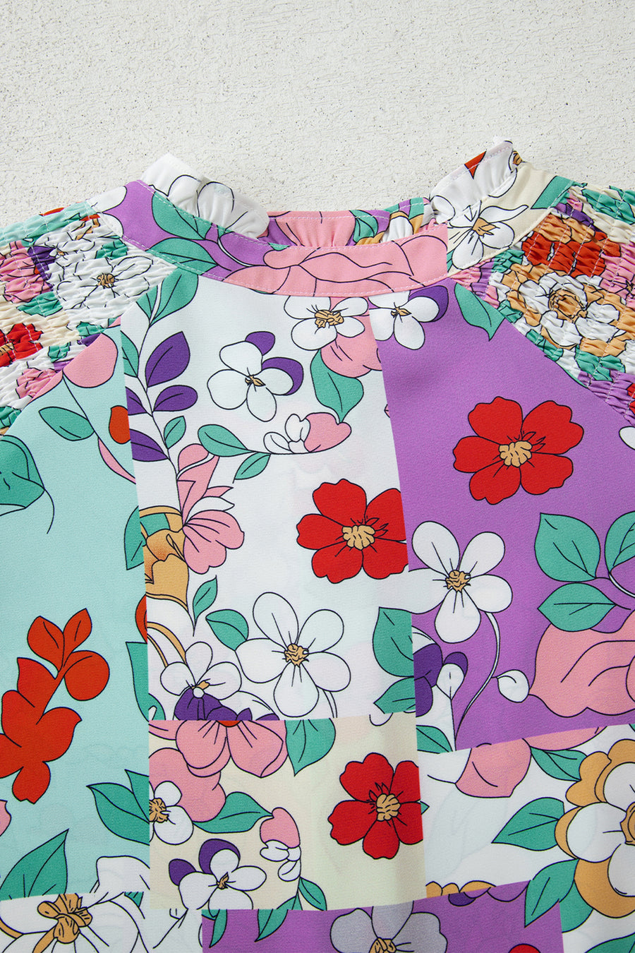 Multicolored Floral Frilly Neckline Long Sleeve Button-Up Blouse