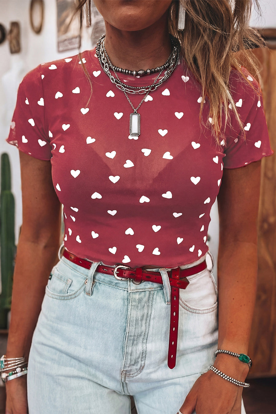 All Over Heart Print Mesh Short Sleeve Top- 2 Colors