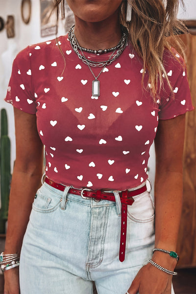 All OverHeart Print Mesh Short Sleeve Top- 2 Colors