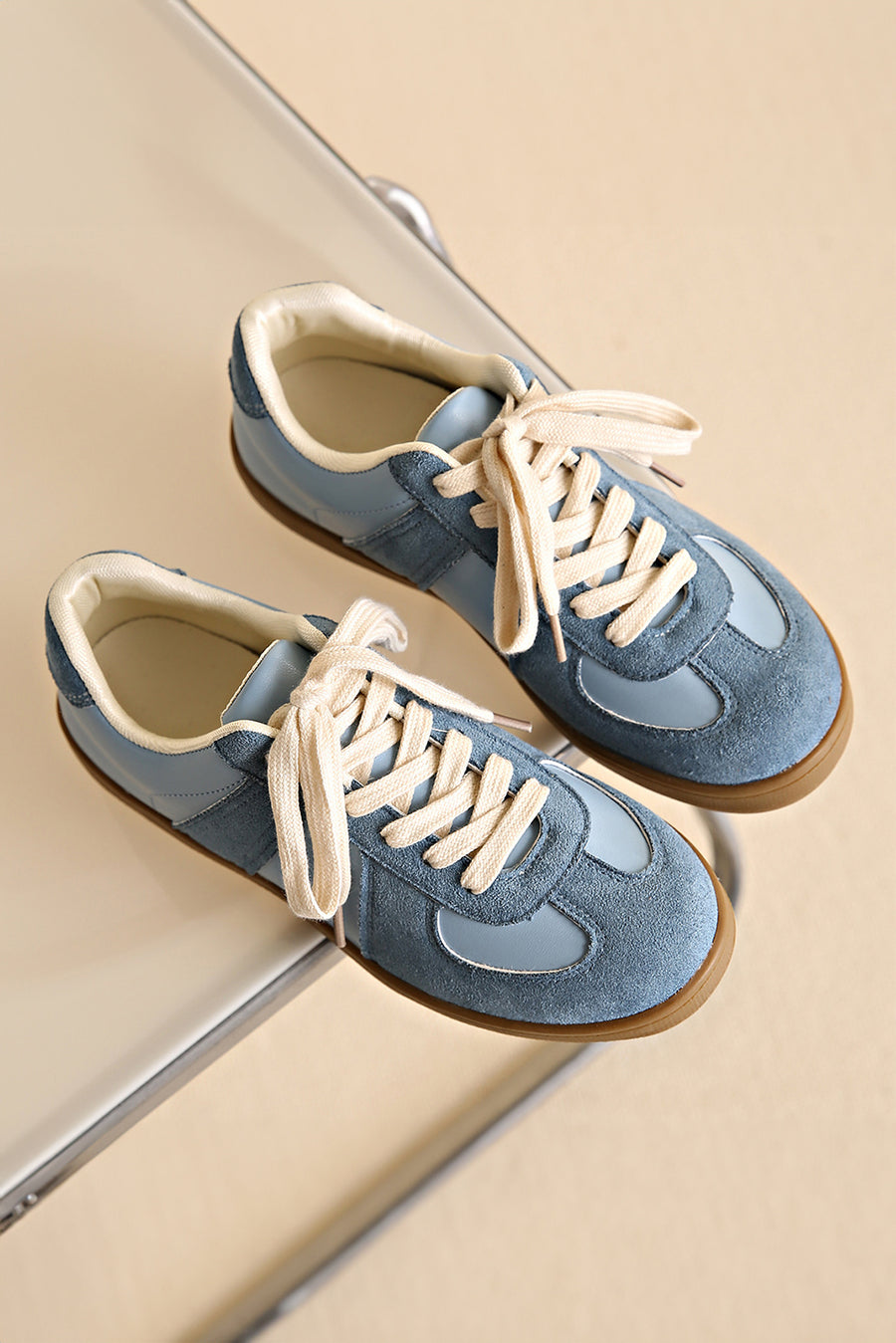 Blue Two-Tone Suede Patchwork Lace-Up Sneakers