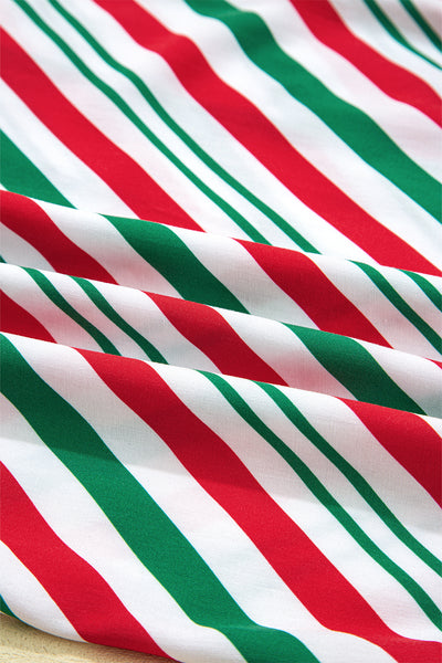 Green Striped Piping Trim Velvet Ribbon Knot Christmas Pajama Set