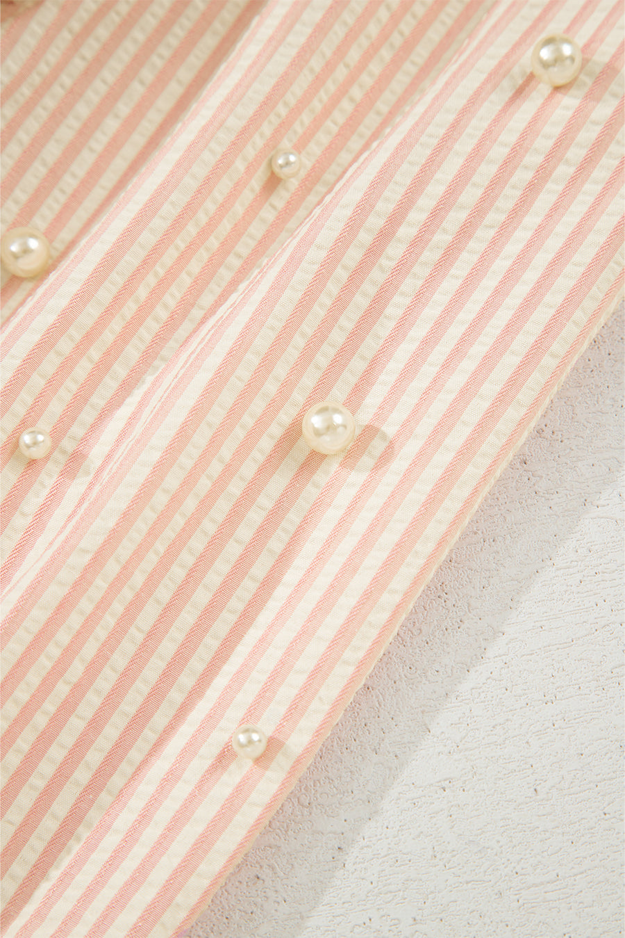 Pink Striped Pearl Beaded Bow Cuff Blouse