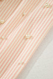 Pink Striped Pearl Beaded Bow Cuff Blouse