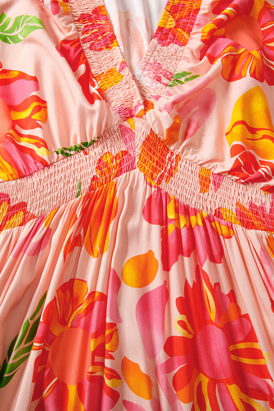 Fuchsia Multi Floral Shirred Long Sleeve Flowy Maxi Dress with Pockets