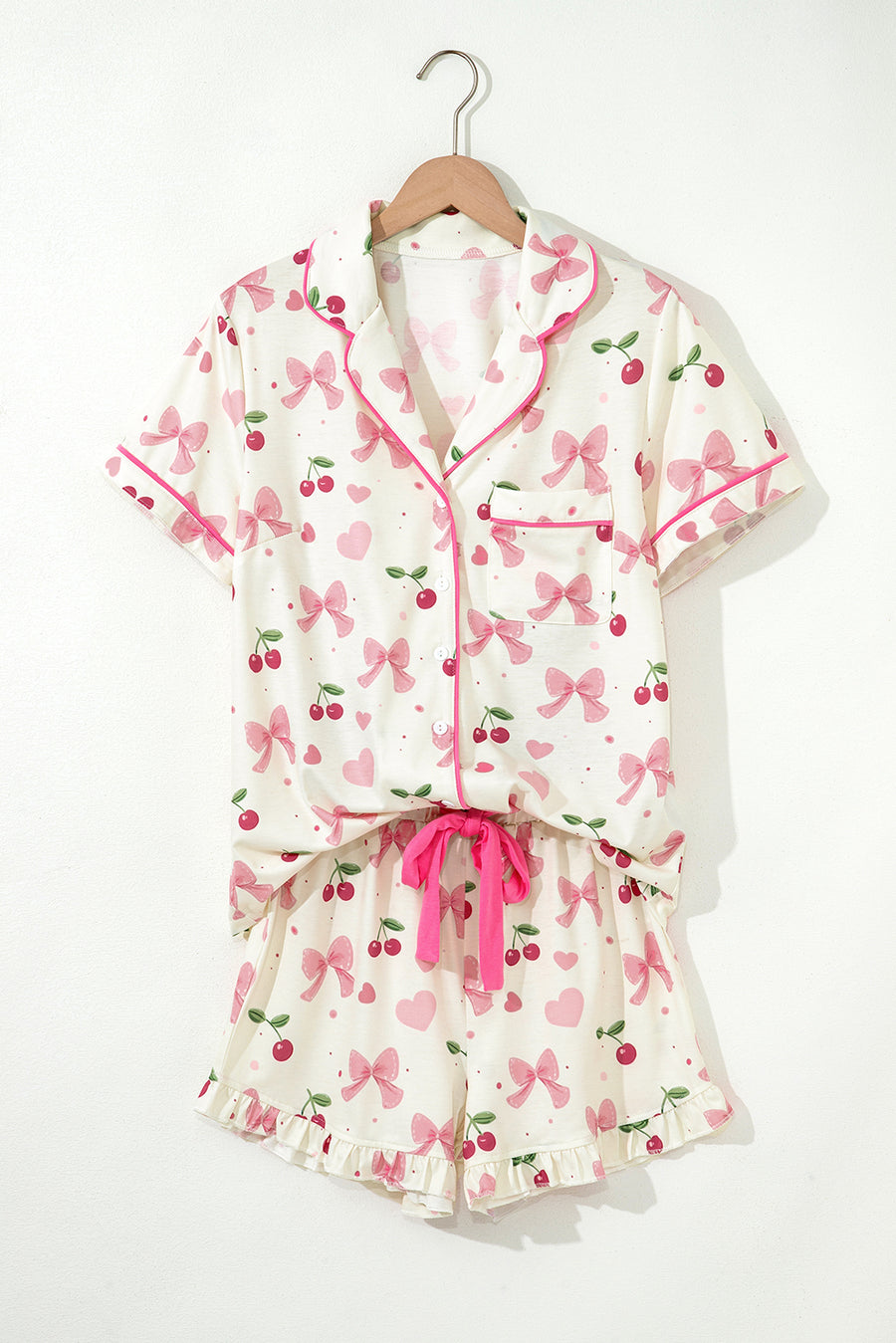 Bow Print Button-Up V-Neck Short Sleeve Top and Ruffle Hem Shorts Pajama Set- 2 Styles