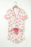 Bow Print Button-Up V-Neck Short Sleeve Top and Ruffle Hem Shorts Pajama Set- 2 Styles