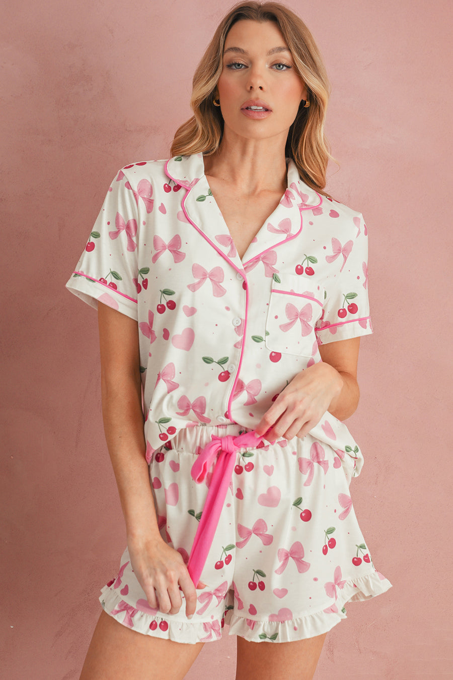 Bow Print Button-Up V-Neck Short Sleeve Top and Ruffle Hem Shorts Pajama Set- 2 Styles