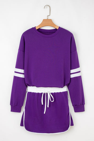 Tillandsia Purple Varsity Stripe Detail Drop Shoulder Pullover Mini Skort Set