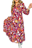 Purple and Orange Multi Floral Print Collared Tiered Flowy Long Sleeve Maxi Dress- 2 Colors
