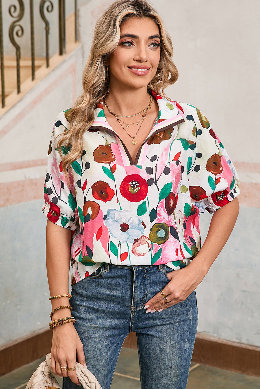 Floral V-Neck Contrast Trim Short Sleeve Blouse- 2 Colors