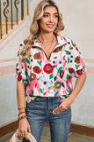 Floral V-Neck Contrast Trim Short Sleeve Blouse- 2 Colors