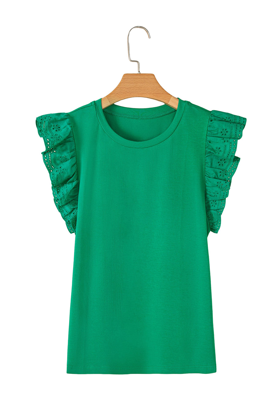 Green Ruffled Eyelet Sleeve Crew Neck Blouse