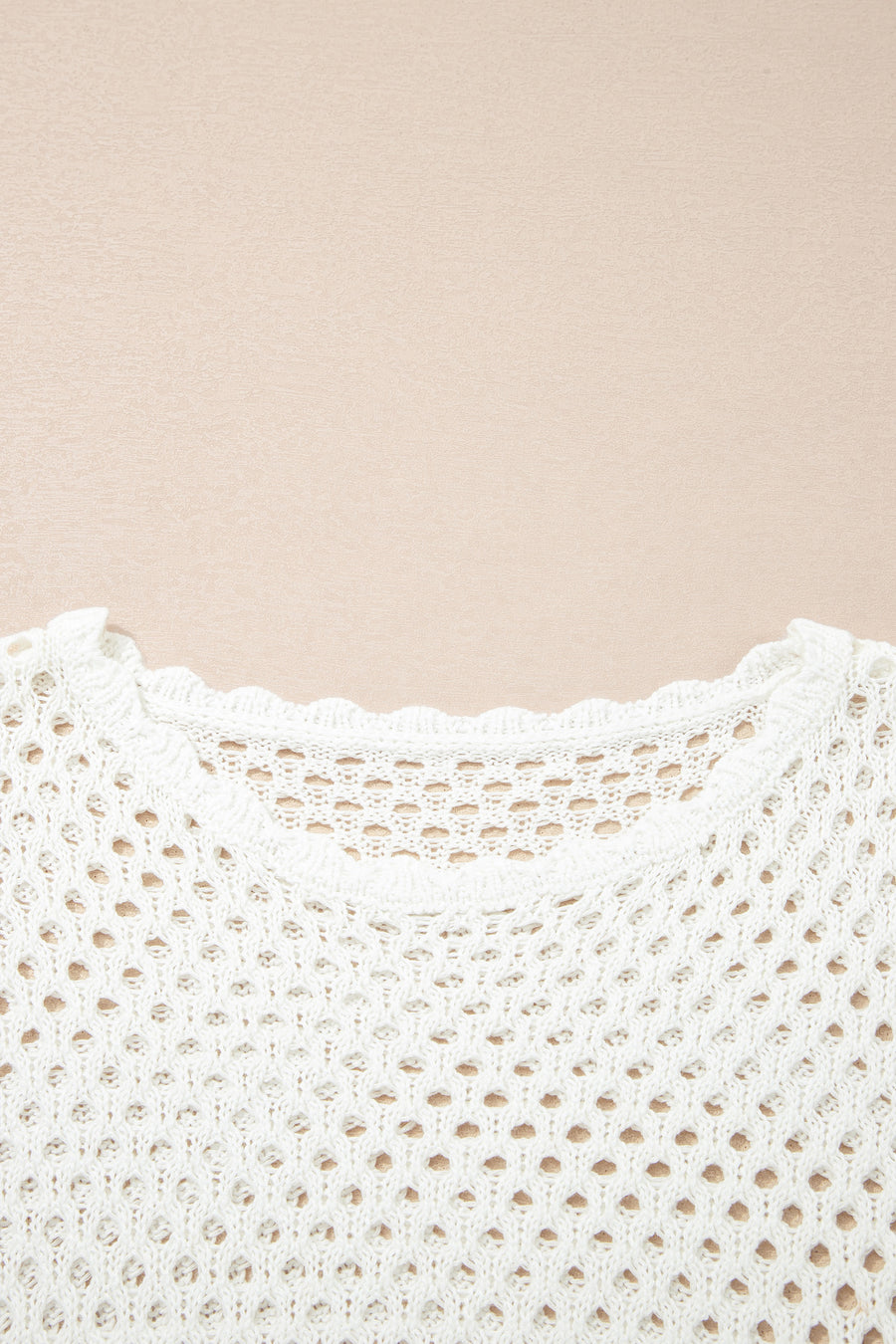 Yellow Cream Scalloped Trim Hollow Out Knit Long Sleeve Top