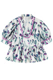 Purple Floral Ricrac Trim Short Puff Sleeve Peplum Blouse