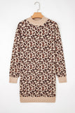 Khaki Leopard Print High Neck Shift Mini Sweater Dress