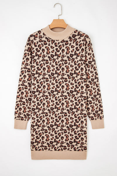 Khaki Leopard Print High Neck Shift Mini Sweater Dress