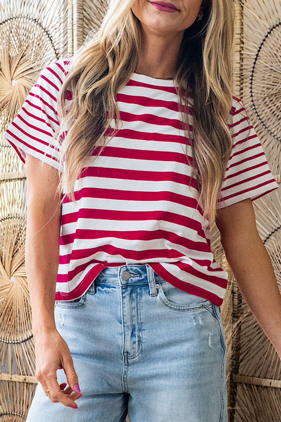 Red and White Striped Crew Neck T-Shirt