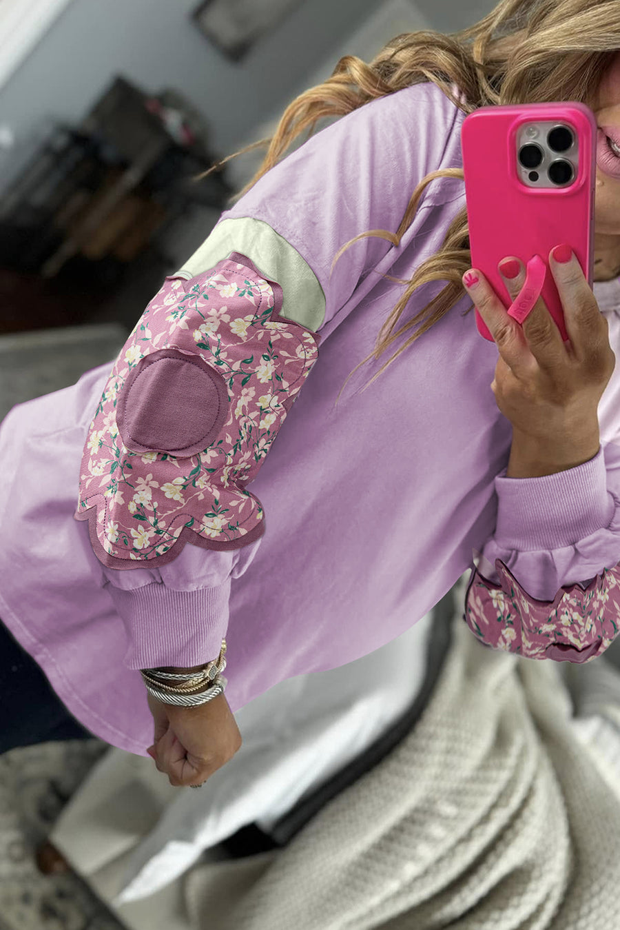 Plus Size Lavender Floral Patched Color Block Pullover Shirt