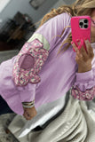 Plus Size Lavender Floral Patched Color Block Pullover Shirt