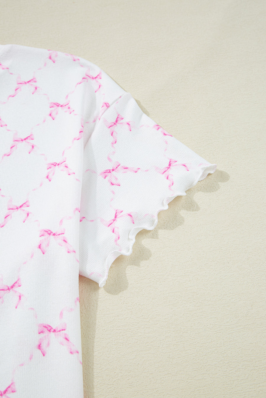 Pink Bow Print Lettuce Trim Short Sleeve Top and Shorts Pajama Set