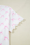 Pink Bow Print Lettuce Trim Short Sleeve Top and Shorts Pajama Set