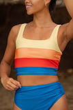 Color Block Pleated High-Waisted Tankini