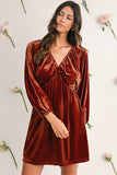 Clay Elastic V-Neck Puff Sleeve Flowy Velvet Dress