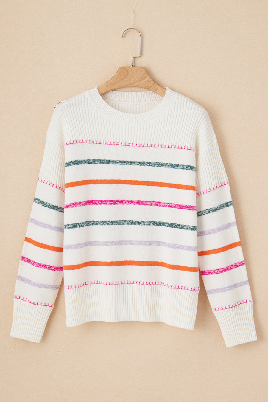 Multicolored Striped Ribbed Trim Crew Neck Sweater- 2 Colors