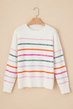 Multicolored Striped Ribbed Trim Crew Neck Sweater- 2 Colors