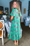 Blue Floral Print Notched Neck Flounce Sleeve Maxi Dress with Pockets- 2 Colors