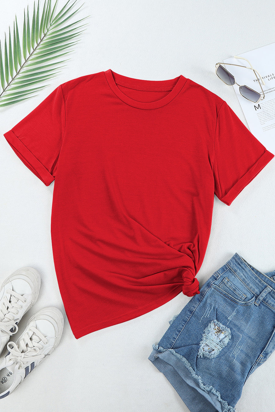 Basic Crew Neck Rolled Sleeve T-Shirt- 12 Colors