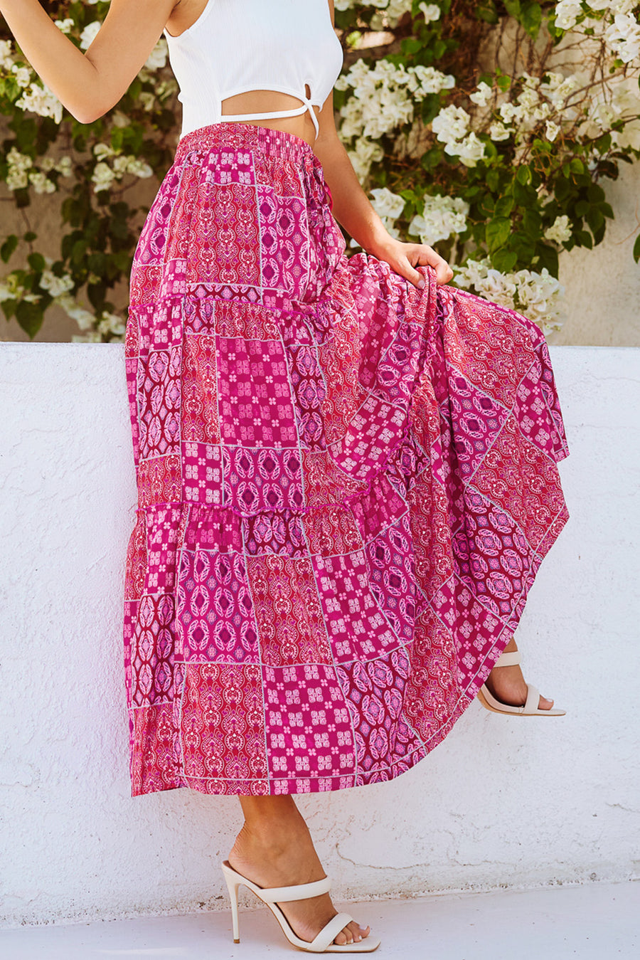 Tiered Paisley Print Maxi Skirt with Pockets