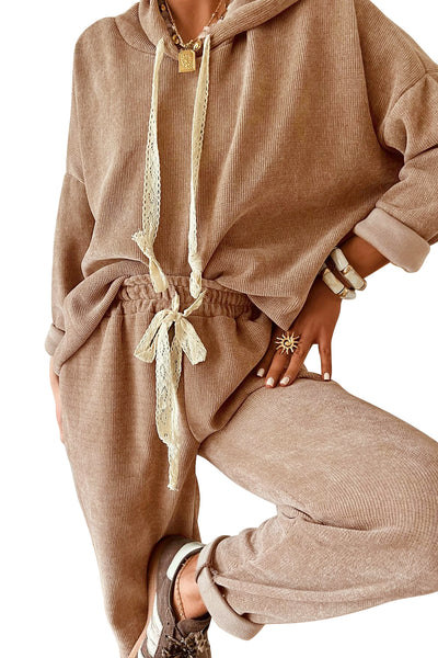 Dark Khaki Drawstring Pullover Hoodie and High Waist Pants Corduroy Suit
