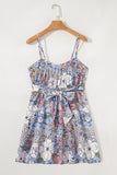 Sky Blue Floral Tiered Patchwork Spaghetti Strap Mini Dress