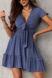 Slate Blue Deep V-Neck Tie Front Bow Layered Flare Mini Dress