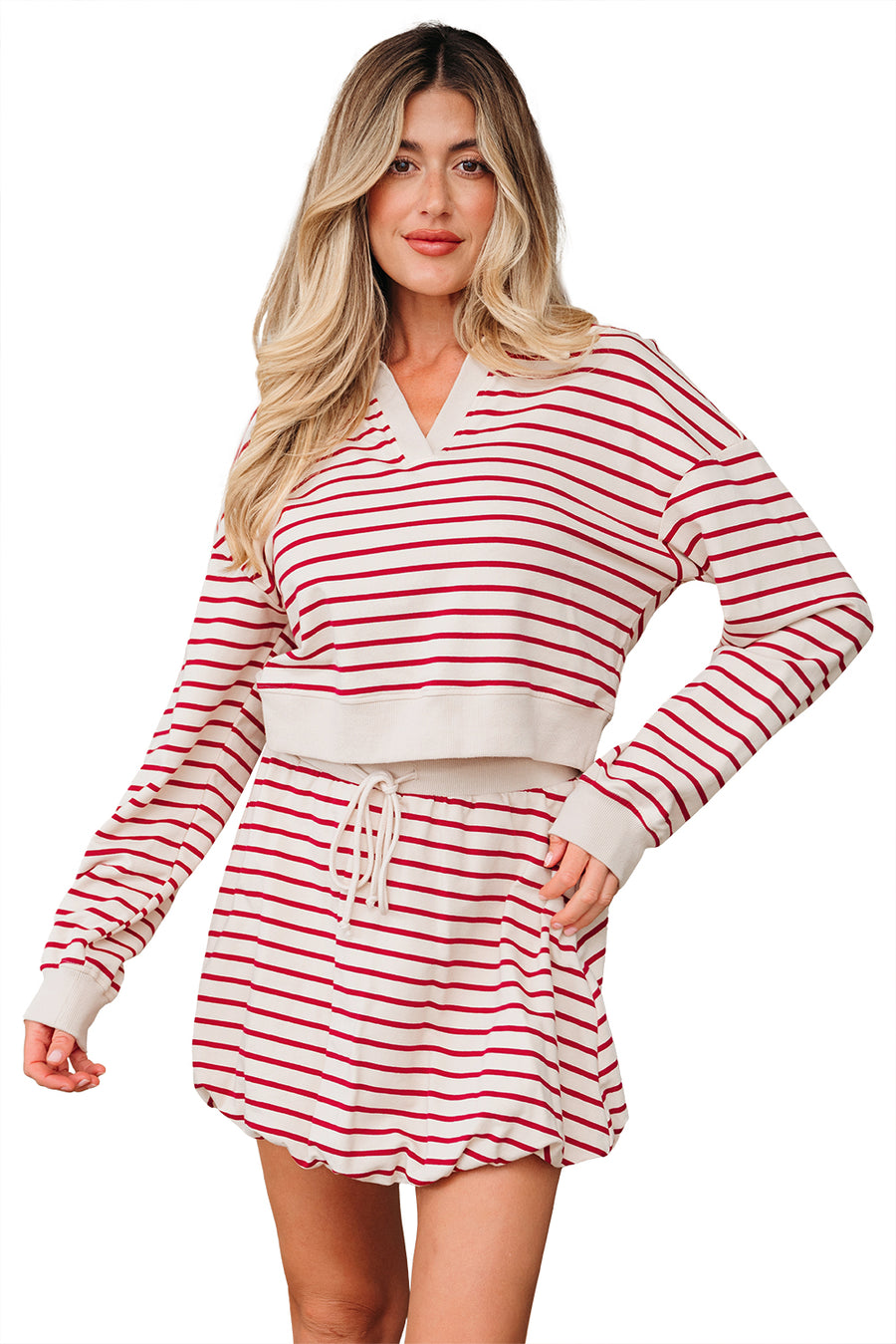 Red Stripe Cropped Collared Sweatshirt and Bubble Mini Skirt Set