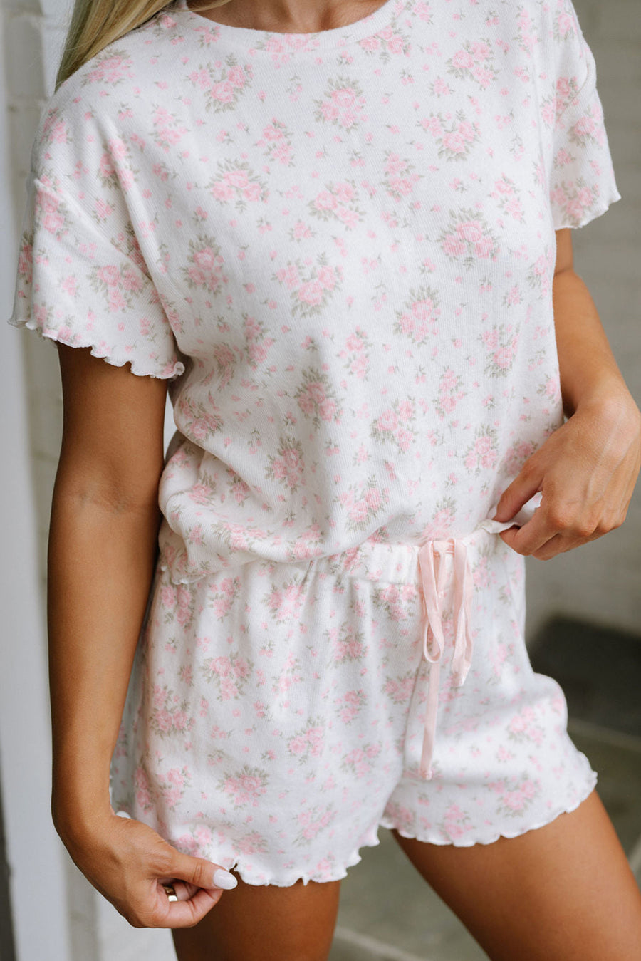 Pink Floral Print Lettuce Trim Short Sleeve Top and Shorts Pajama Set